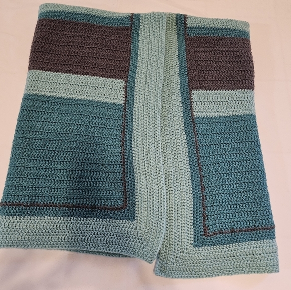 Handmade Upcycled Baby Blanket Blue Brown Striped Hand knit Crochet Nursery Gift - Picture 15 of 16